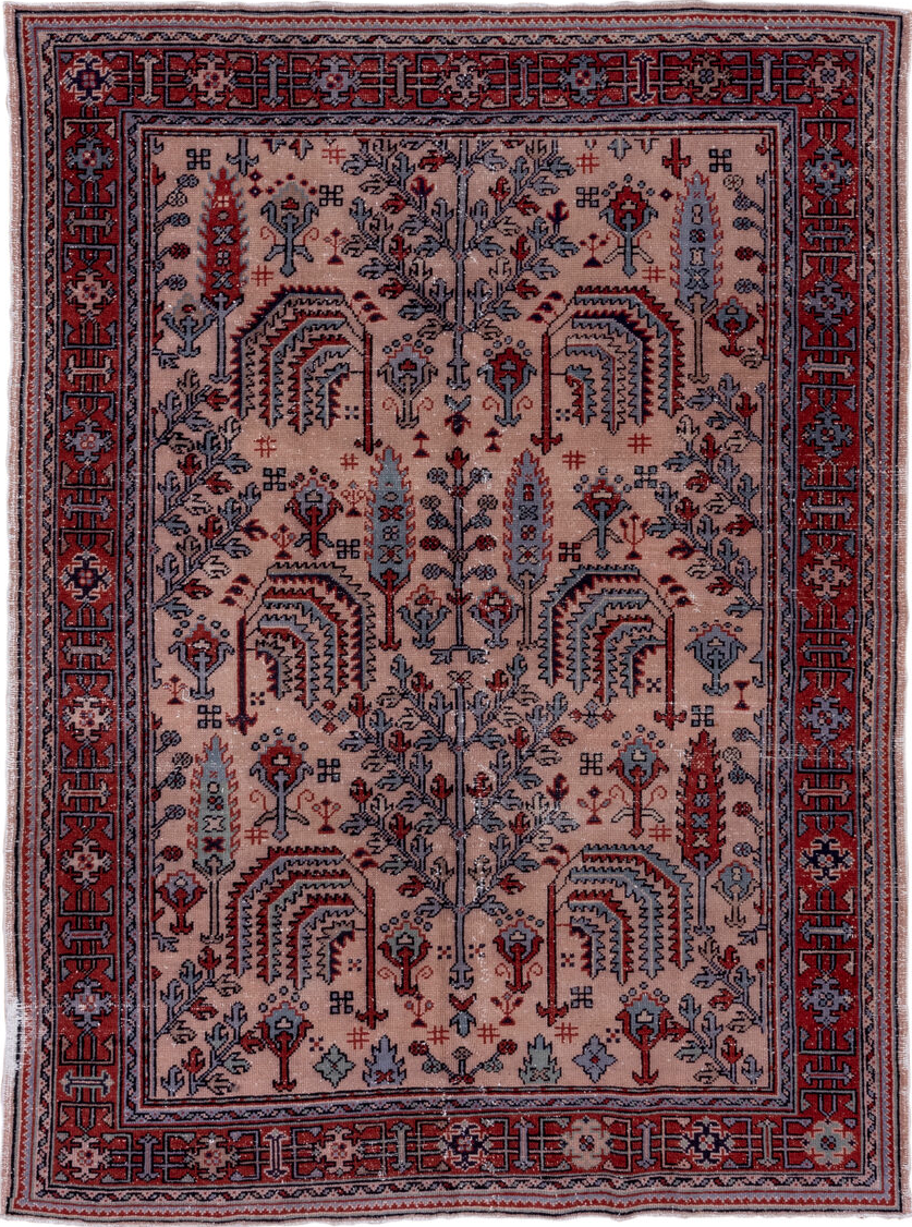 7' x 9' one-of-a-kind handmade vintage Oushak rug. Color palette: blue, brown, gray, pink, red, rosy brown, wine