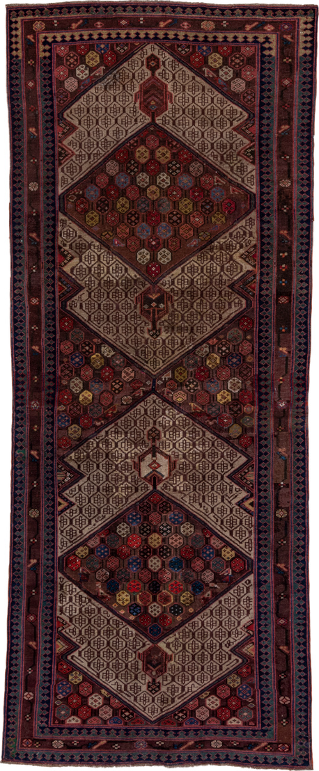 4' x 10' one-of-a-kind handmade vintage Cam Hamadan runner rug. Color palette: black, blue, brown, gray, pink, red, wine