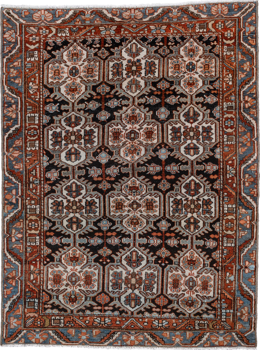 4' x 5' one-of-a-kind handmade vintage Baktiary small size rug. Color palette: black, brown, charcoal, gray, light gray