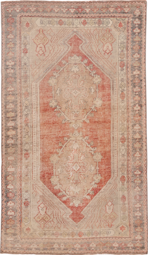 4' x 7' one-of-a-kind handmade vintage Oushak rug. Color palette: brown, gray, off-white, orange, pink
