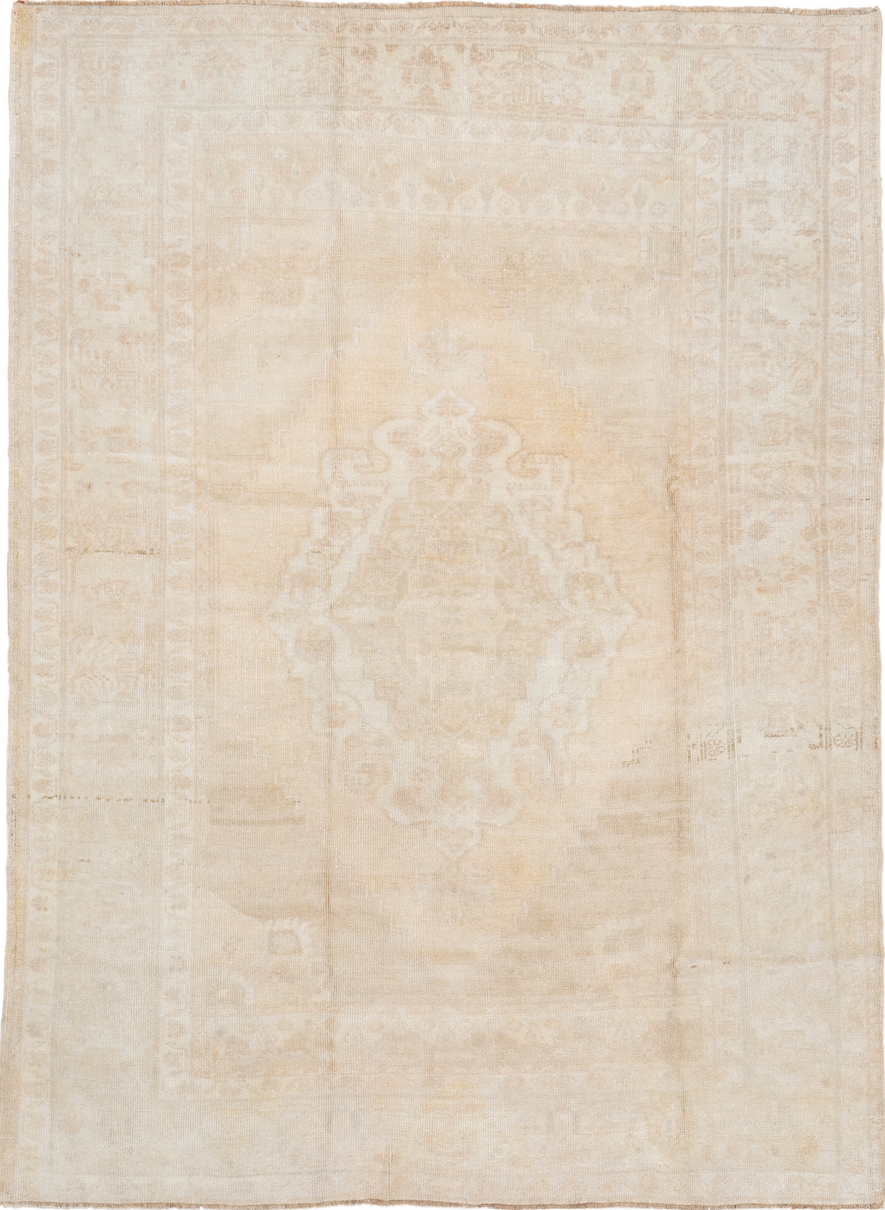 5' x 7' one-of-a-kind handmade vintage Oushak rug. Color palette: antiquewhite, brown, gray, light gray, off-white, orange