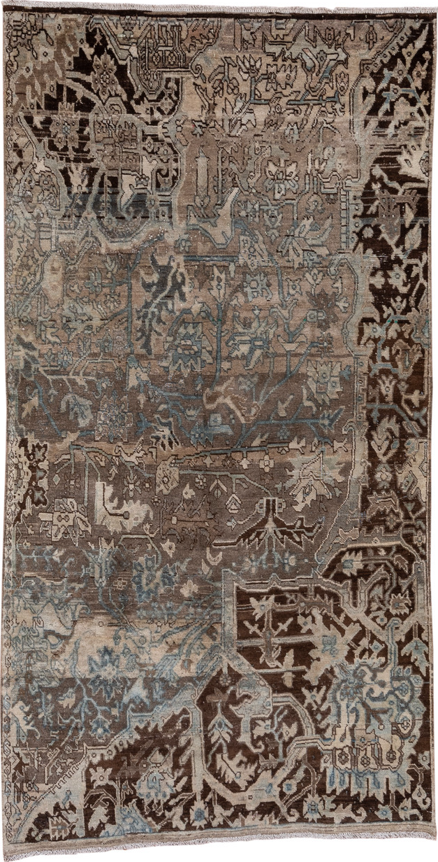 4' x 7' one-of-a-kind handmade vintage Tabriz rug. Color palette: black, brown, dim gray, gray, light gray, off-white, pink