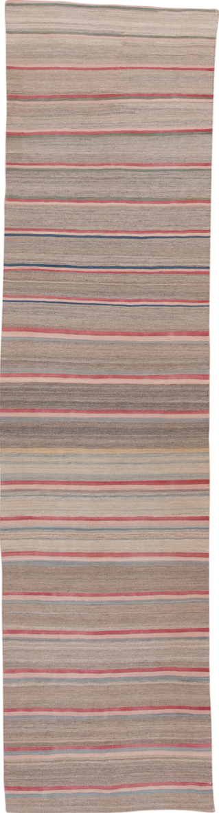 2' x 11' one-of-a-kind handmade vintage Kilim runner rug. Color palette: blue, fiord, gray, light gray, off-white, pink