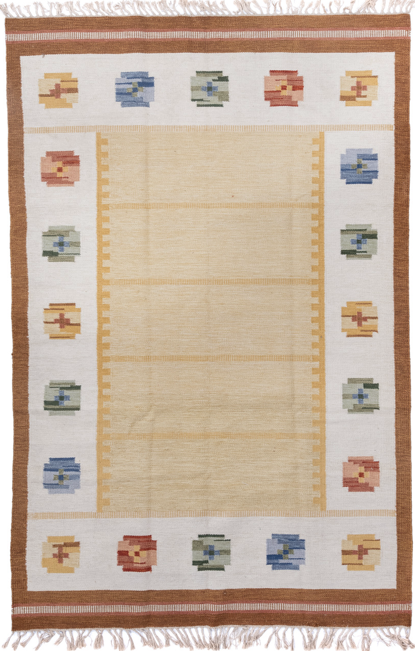 6' x 10' one-of-a-kind handmade vintage Rollaken large size rug. Color palette: blue, brown, fiord, gainsboro, gray