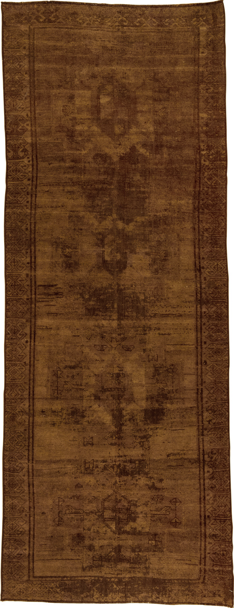 3' x 9' one-of-a-kind handmade vintage Overdyed runner rug. Color palette: brown, off-white, snow, white, whitesmoke