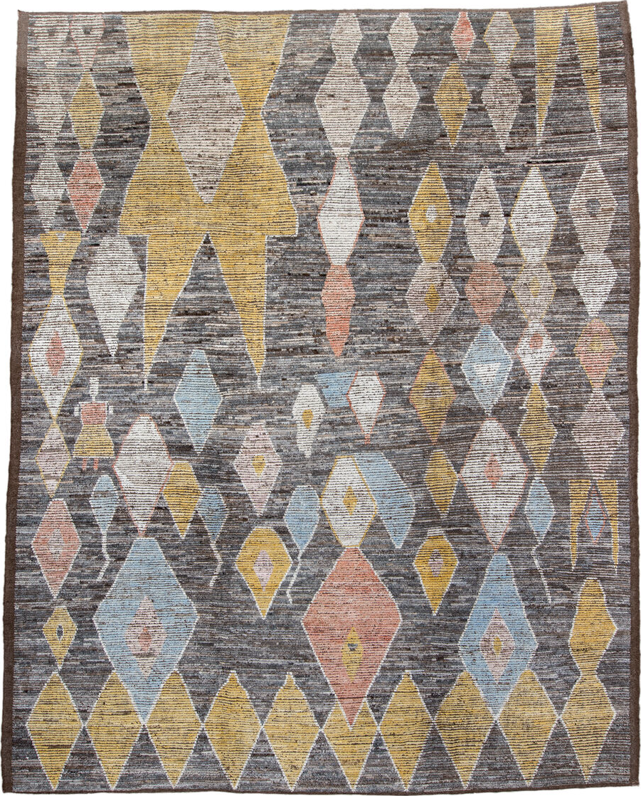 10' x 13' one-of-a-kind handmade vintage Tulu large size rug. Color palette: gray, brown, off-white, pink, light gray, black