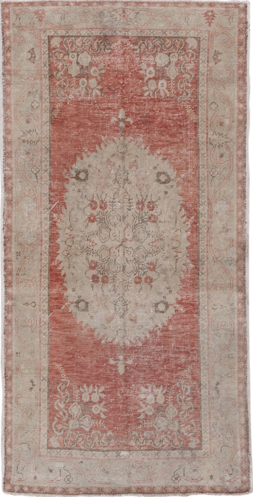 3' x 6' one-of-a-kind handmade vintage Oushak small size rug. Color palette: gainsboro, gray, light gray, off-white, pink