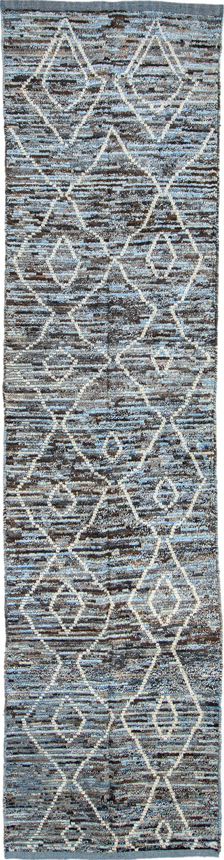 3' x 13' one-of-a-kind handmade vintage Tulu runner rug. Color palette: arapawa, black, blue, charcoal, dark gray, dim gray