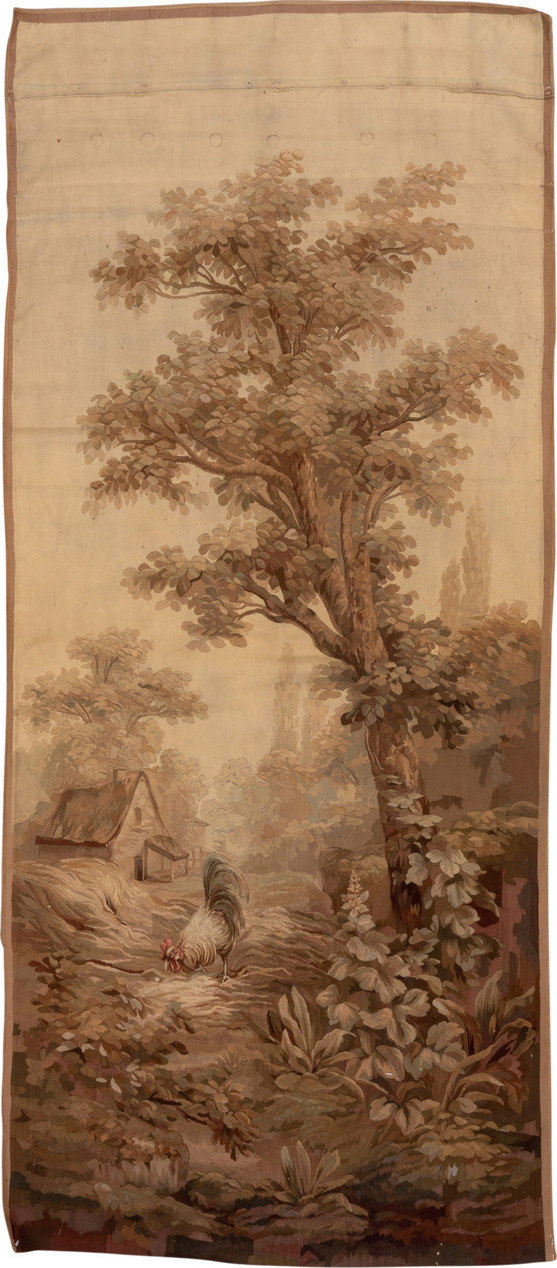 4' x 10' one-of-a-kind handmade vintage Tapestry runner rug. Color palette: brown, burlywood, tan