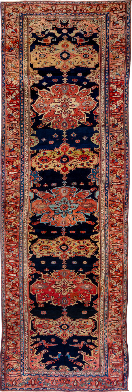 7' x 21' one-of-a-kind handmade vintage NW Persian rug. Color palette: arapawa, black, blue, brown, charcoal, dark salmon