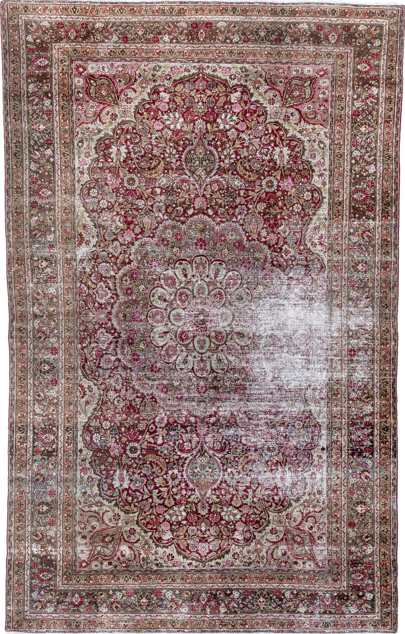 4' x 6' one-of-a-kind handmade vintage Meshed small size rug. Color palette: brown, gray, light gray, off-white, pink, red