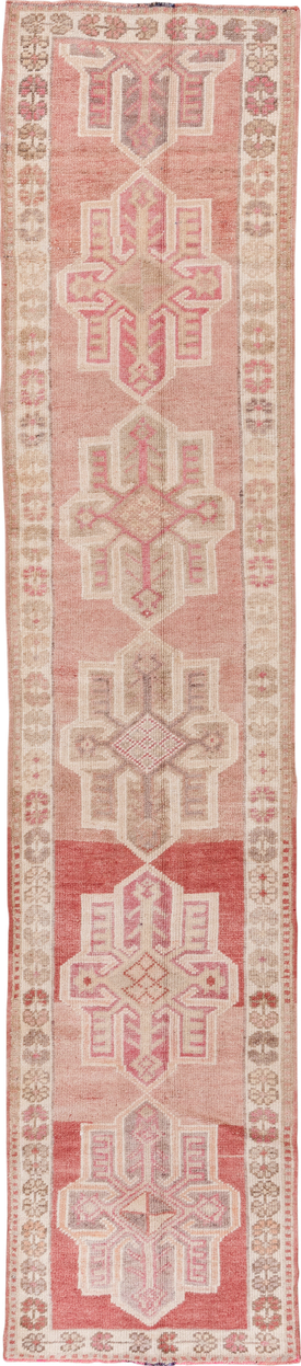 2' x 12' one-of-a-kind handmade vintage Oushak runner rug. Color palette: brown, gray, light gray, off-white, pink, snow