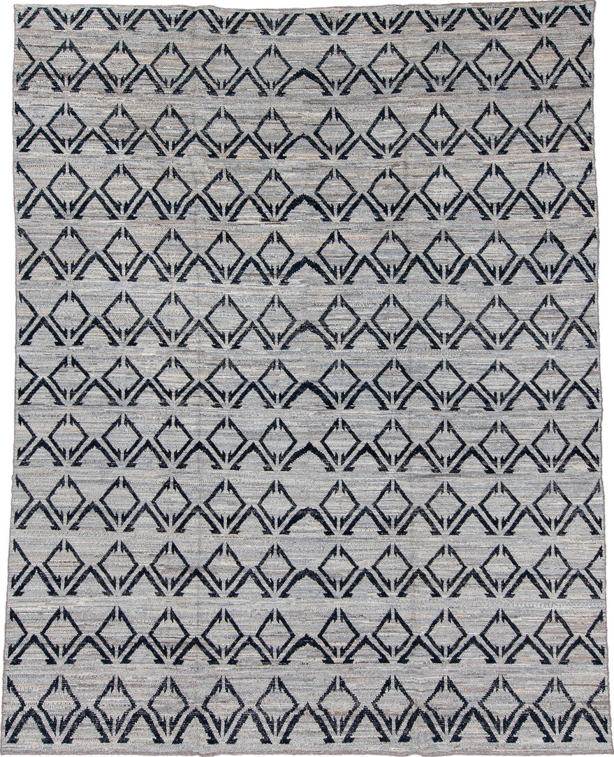 9' x 11' one-of-a-kind handmade vintage Tulu large size rug. Color palette: black, blue, dark gray, fiord, gainsboro, gray