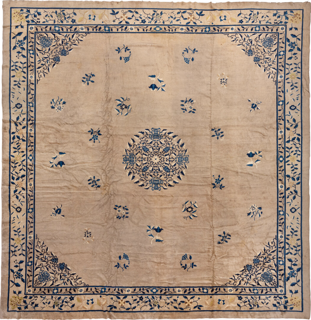 16' x 16' one-of-a-kind handmade vintage Chinese oversize rug. Color palette: black, blue, brown, dim gray, gray, light gray