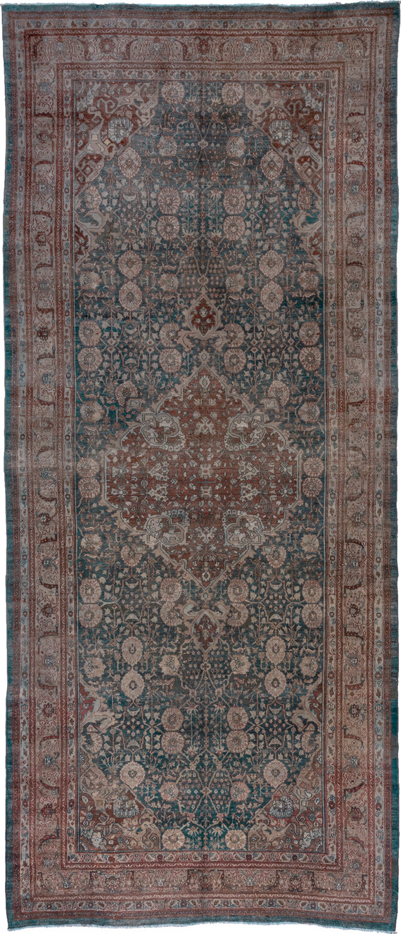 7' x 17' one-of-a-kind handmade vintage Malayer rug. Color palette: black, blue, brown, charcoal, dark gray, dark slate gray