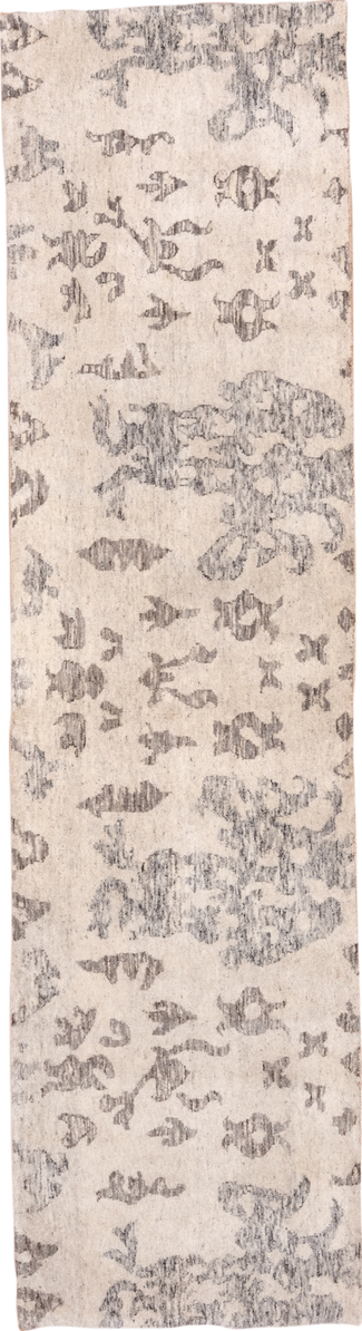 2' x 10' one-of-a-kind handmade vintage Padah runner rug. Color palette: gray, light gray, linen, off-white, pink, snow