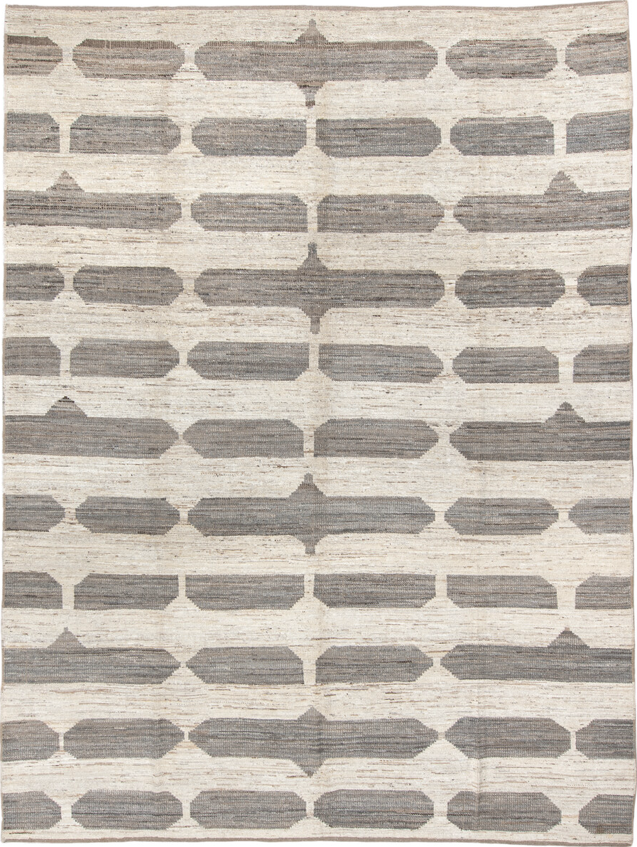 10' x 13' one-of-a-kind handmade vintage Tulu large size rug. Color palette: gray, off-white, light gray, dark gray