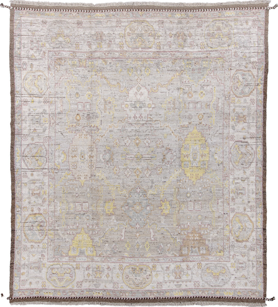 8' x 10' one-of-a-kind handmade vintage Tulu large size rug. Color palette: gray, pink, off-white, light gray, brown