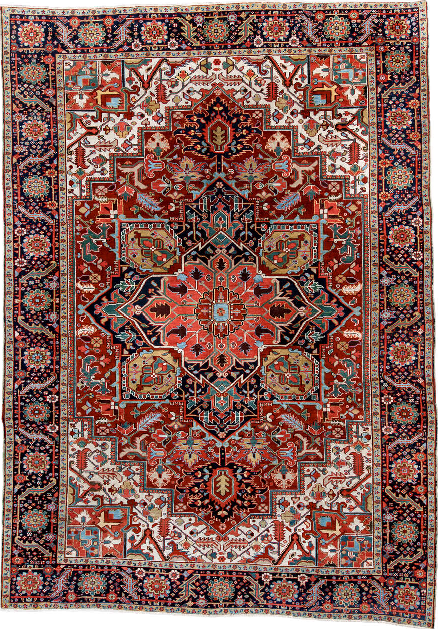 8' x 12' one-of-a-kind handmade vintage Heriz large size rug. Color palette: blue, brown, gainsboro, gray, light blue
