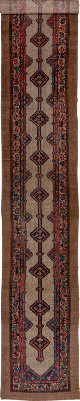 3' x 20' one-of-a-kind handmade vintage Cam Hamadan runner rug. Color palette: black, blue, brown, charcoal, gray