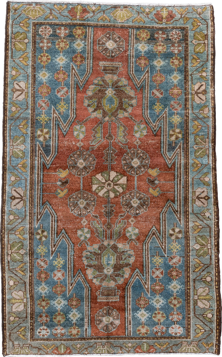 2' x 4' one-of-a-kind handmade vintage Malayer small size rug. Color palette: black, blue, brown, gainsboro, gray