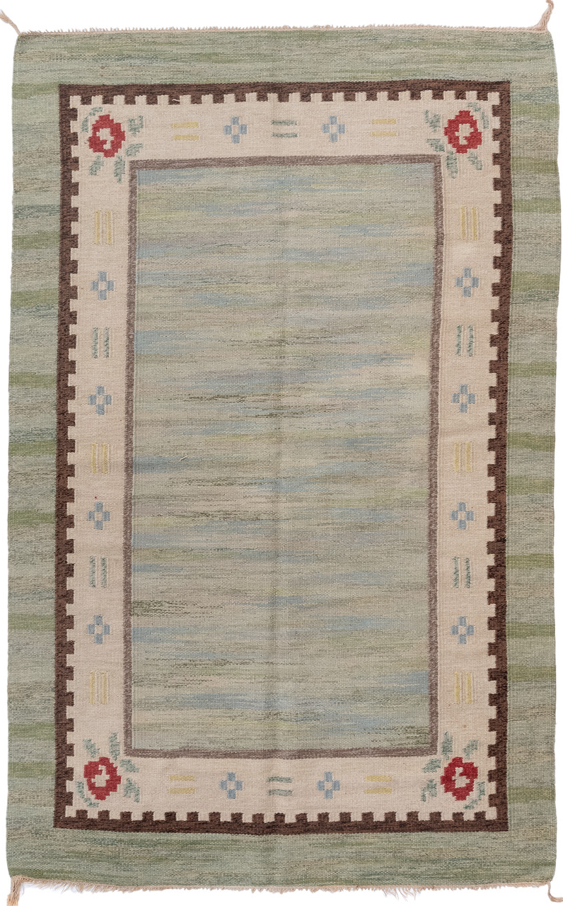 5' x 8' one-of-a-kind handmade vintage Rollaken medium size rug. Color palette: brown, gray, light gray, off-white, pink