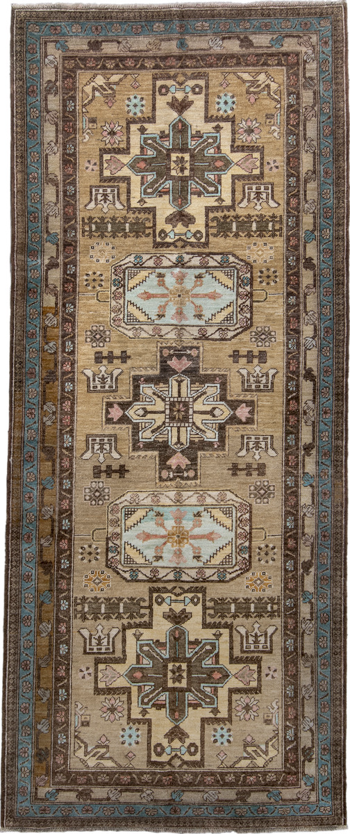 4' x 10' one-of-a-kind handmade vintage Sarab runner rug. Color palette: brown, gray, light gray, off-white, silver