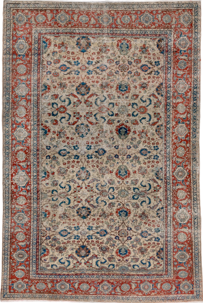 5' x 7' one-of-a-kind handmade vintage Kaisary rug. Color palette: arapawa, blue, brown, dark gray, gray, pink, red, redwood