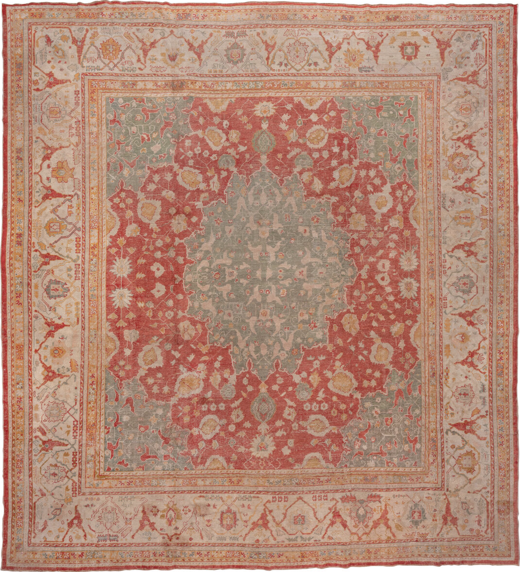 16' x 17' one-of-a-kind handmade vintage Oushak oversize rug. Color palette: brown, gray, pink, red
