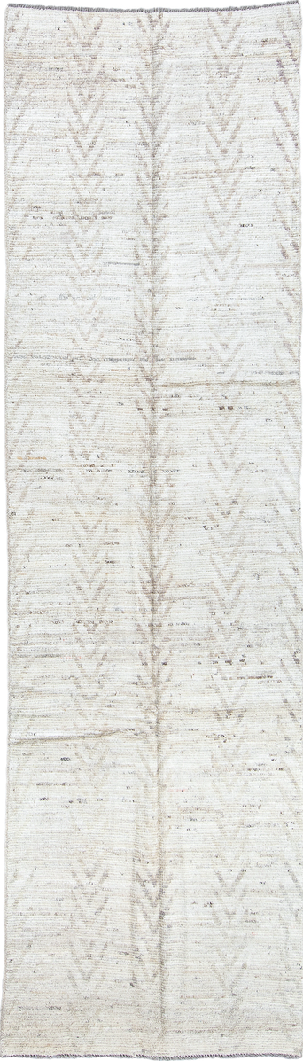 3' x 10' one-of-a-kind handmade vintage Tulu runner rug. Color palette: black, dark gray, gray, light blue, light gray