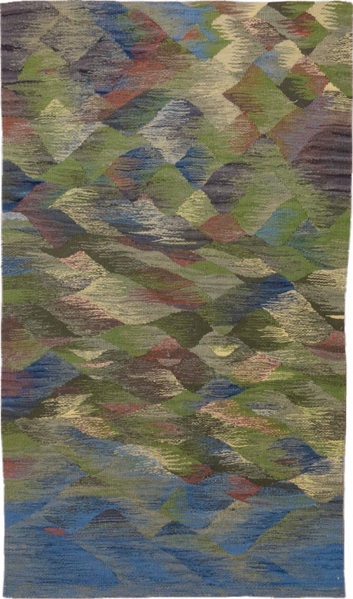 2' x 4' one-of-a-kind handmade vintage Kilim small size rug. Color palette: black, blue, brown, dim gray, fiord, gray