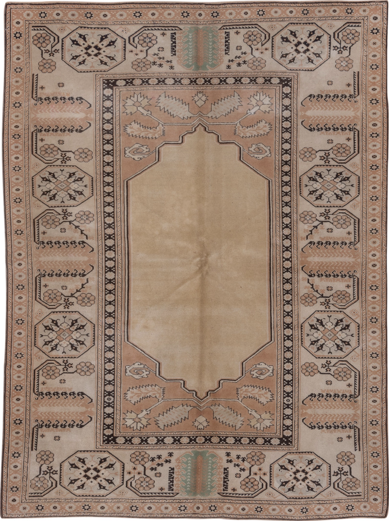 6' x 8' one-of-a-kind handmade vintage Oushak medium size rug. Color palette: brown, gray, pink
