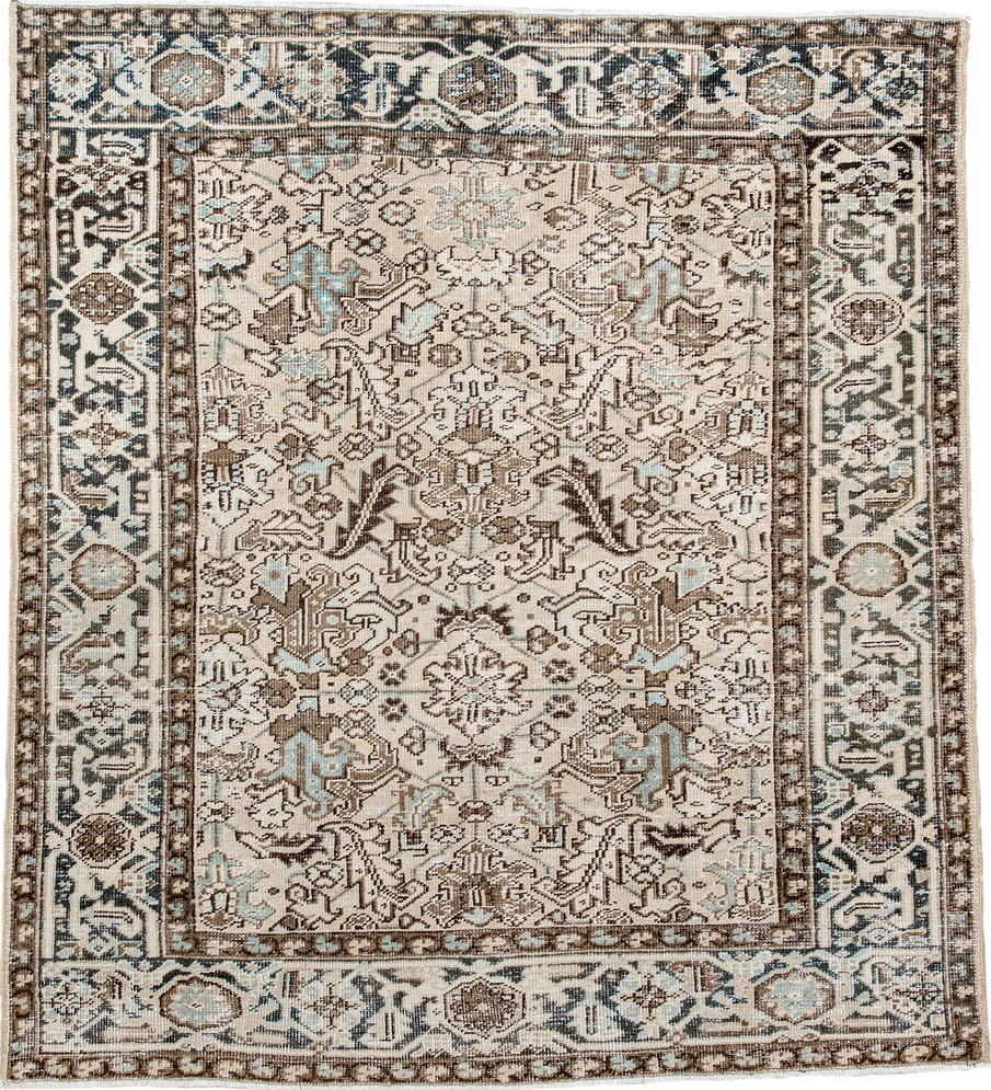 6' x 7' one-of-a-kind handmade vintage Heriz rug. Color palette: antiquewhite, black, brown, dim gray, gray, linen