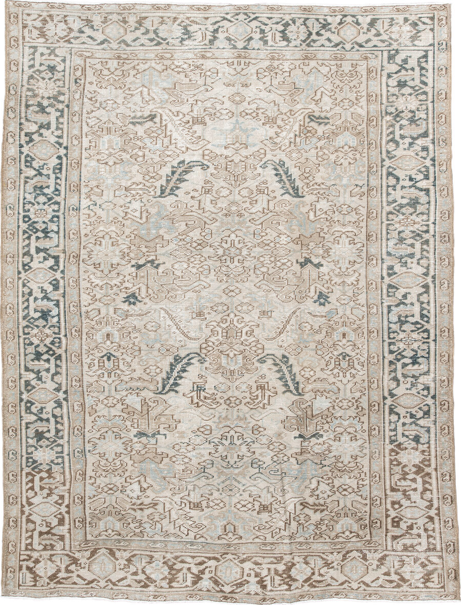 6' x 9' one-of-a-kind handmade vintage Heriz medium size rug. Color palette: brown, dark gray, dim gray, floral white, gray