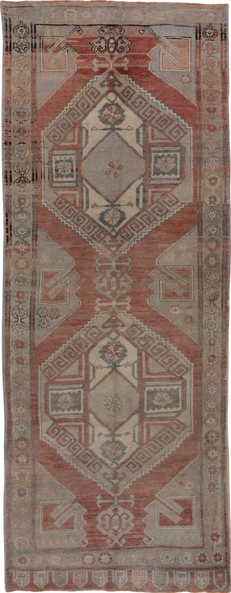 4' x 11' one-of-a-kind handmade vintage Oushak runner rug. Color palette: black, brown, gray, off-white, pink, red, snow