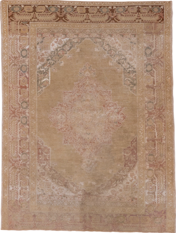 4' x 5' one-of-a-kind handmade vintage Kaisary small size rug. Color palette: brown, gray, light gray, off-white, pink, snow