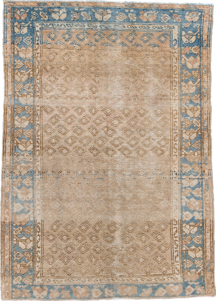 3' x 4' one-of-a-kind handmade vintage Malayer small size rug. Color palette: blue, brown, dim gray, gray, light blue