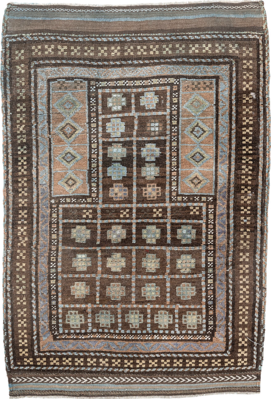 2' x 4' one-of-a-kind handmade vintage Belouch small size rug. Color palette: antiquewhite, blanched almond, brown