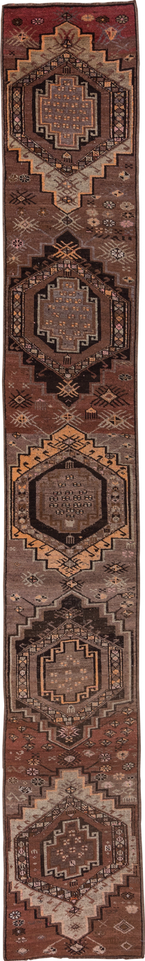 2' x 14' one-of-a-kind handmade vintage Kars runner rug. Color palette: brown, gray, pink, redwood