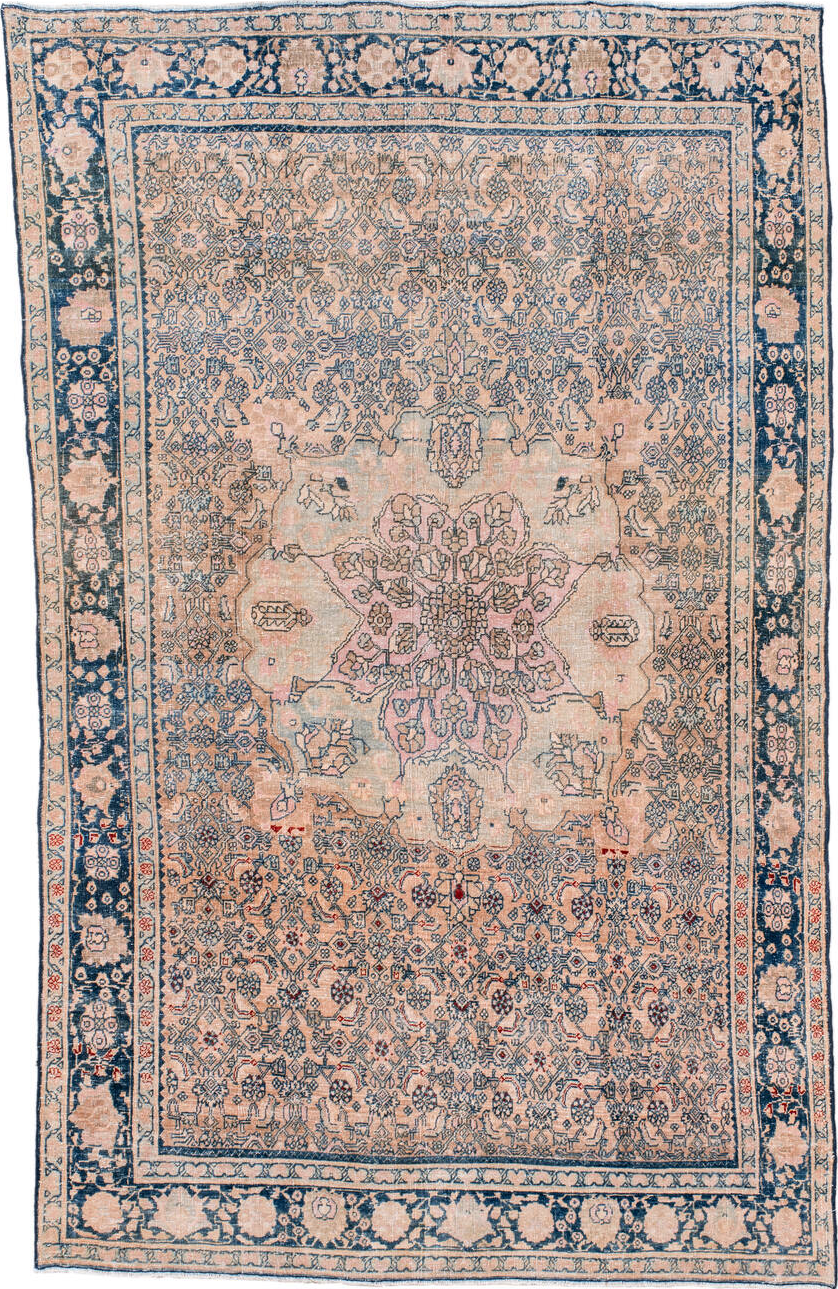 4' x 7' one-of-a-kind handmade vintage Bidjar rug. Color palette: blue, brown, dim gray, fiord, gray, off-white, orange