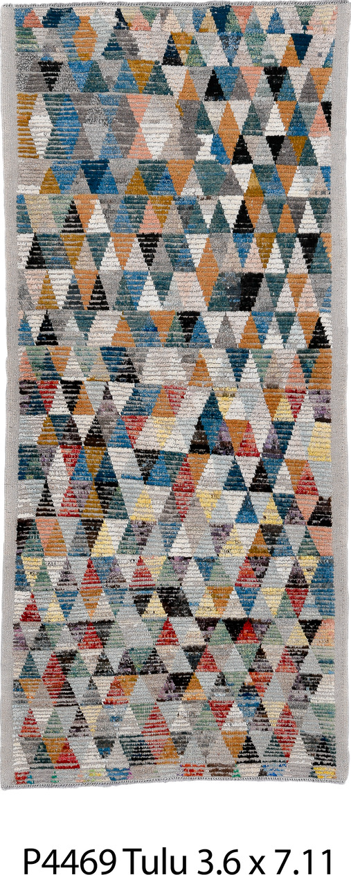 3' x 7' one-of-a-kind handmade vintage Tulu runner rug. Color palette: arapawa, black, blue, brown, dark gray, dim gray
