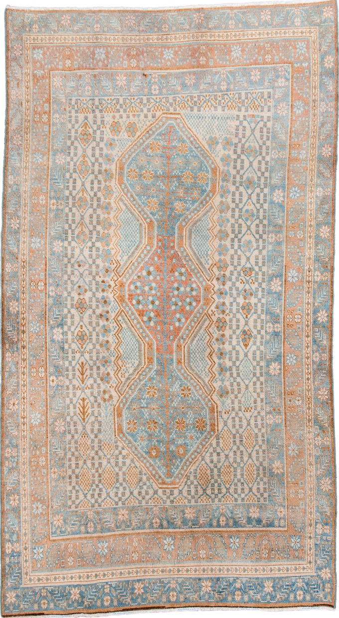 3' x 6' one-of-a-kind handmade vintage Afshar small size rug. Color palette: brown, dark gray, gainsboro, gray, light blue