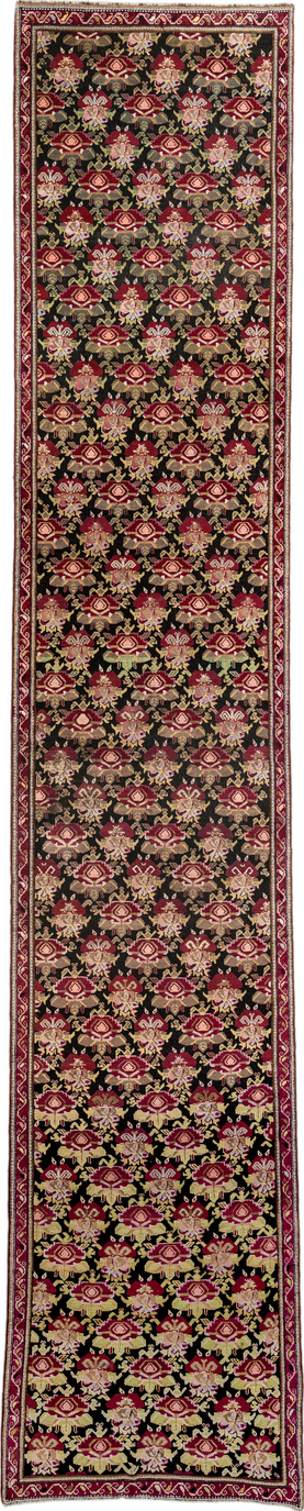 3' x 19' one-of-a-kind handmade vintage Karabagh runner rug. Color palette: brown, gray, light gray, off-white, pink, red