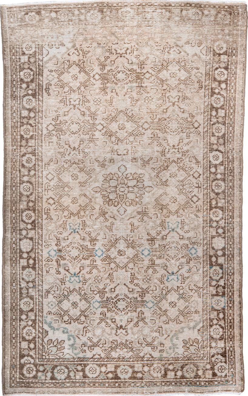 3' x 5' one-of-a-kind handmade vintage Malayer small size rug. Color palette: antiquewhite, brown, dim gray, gray