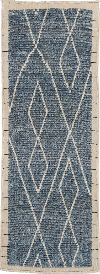 2' x 6' one-of-a-kind handmade vintage Tulu runner rug. Color palette: blue, gray, light gray, off-white
