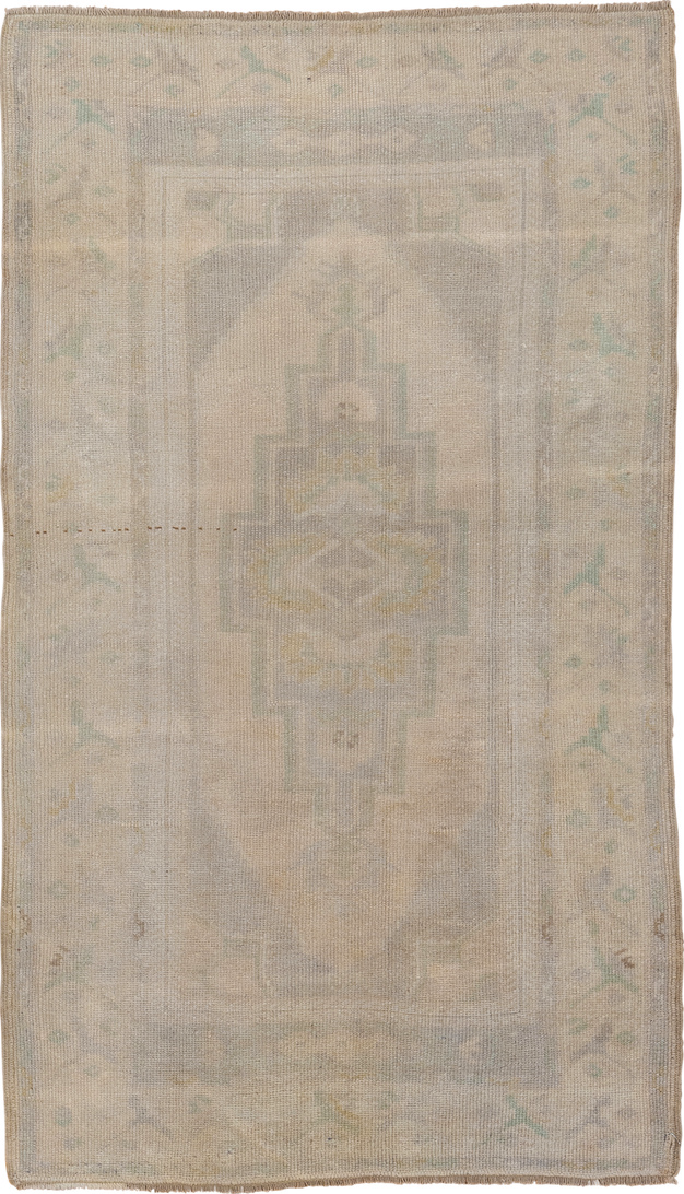 2' x 5' one-of-a-kind handmade vintage Oushak small size rug. Color palette: brown, gray, light gray, off-white, pink, snow