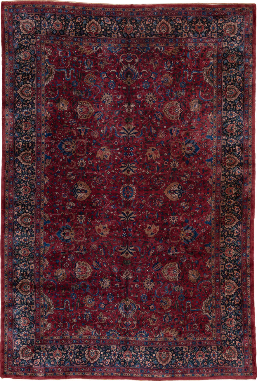 10' x 14' one-of-a-kind handmade vintage Lahor large size rug. Color palette: blue, brown, fiord, gray, pink, red