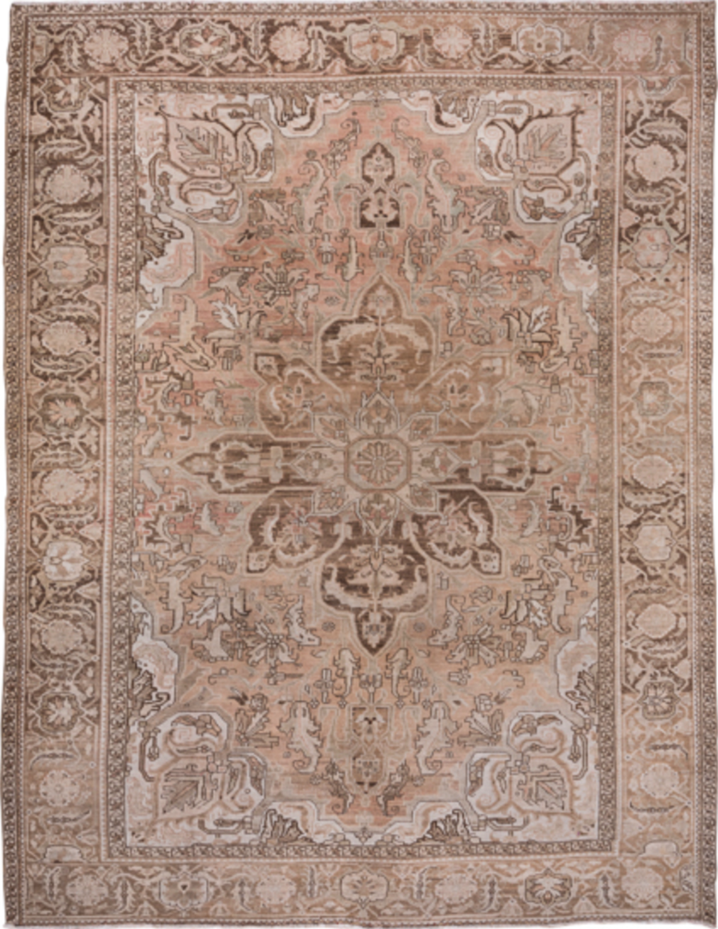 9' x 12' one-of-a-kind handmade vintage Heriz large size rug. Color palette: brown, gray, light gray, pink, silver