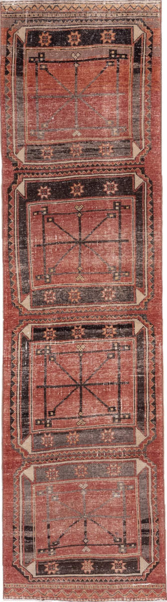 3' x 11' one-of-a-kind handmade vintage Oushak runner rug. Color palette: brown, gray, orange, pink, red