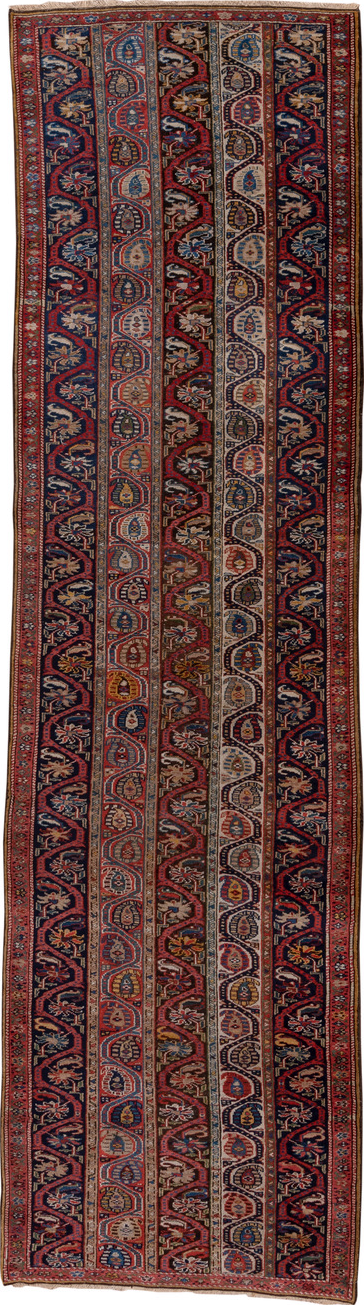 3' x 12' one-of-a-kind handmade vintage Bidjar runner rug. Color palette: blue, brown, gray, pink, red